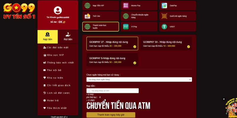 Hướng dẫn nạp tiền bằng hình thức ATM